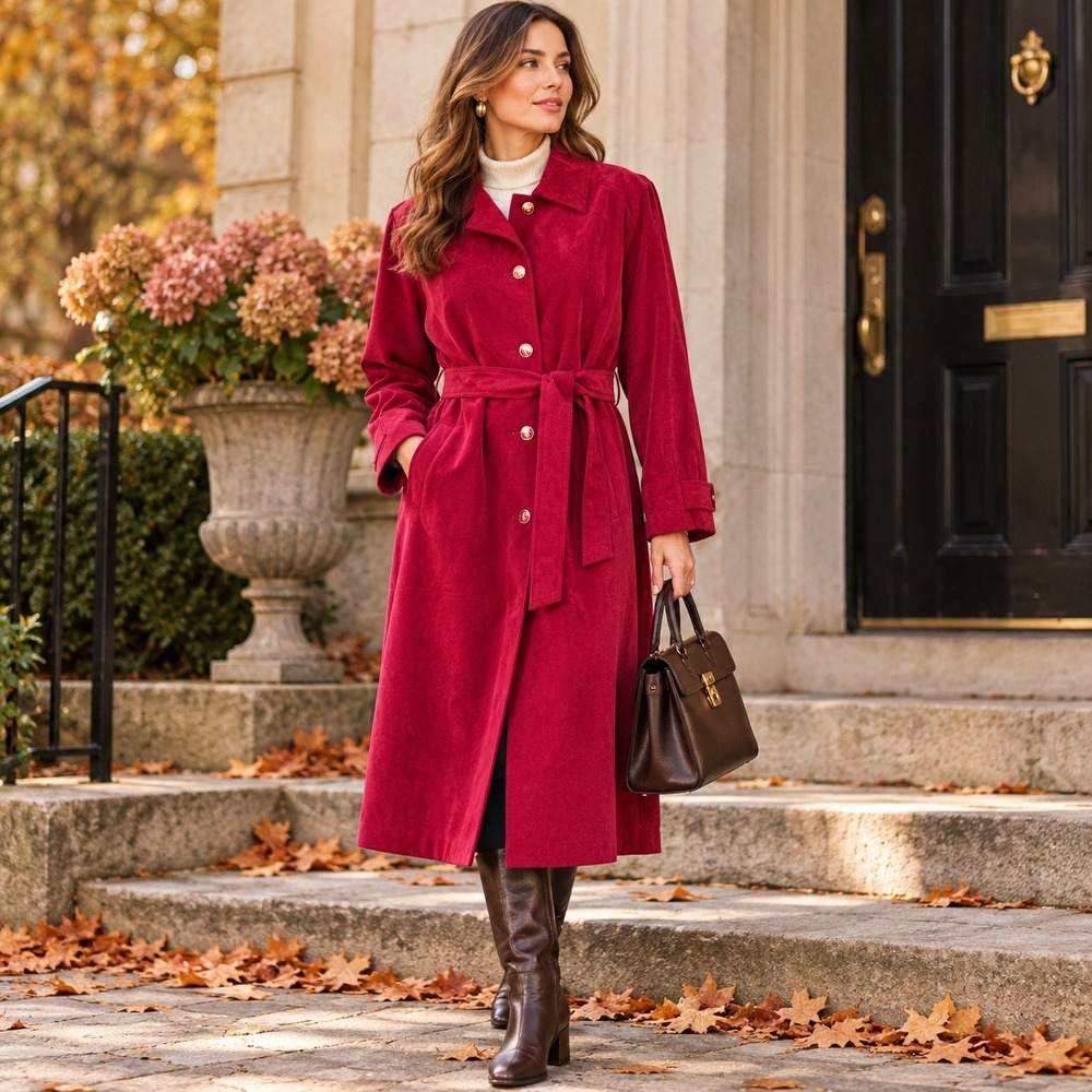 Vintage Count Romi Womens Ultrasuede Coat Sz 14 Red Trench Belted Old Money